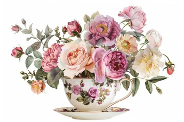 Pastel peonies and roses in a vintage teacup, whimsical illustration
