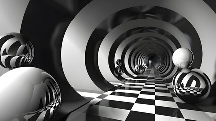 Ever-Changing Geometric Corridor: A Striking Optical Illusion in Monochrome