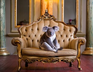 petit Koala assis dnas une banquette baroque en ia - obrazy, fototapety, plakaty