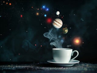mug with a drink with steam in the form of planets - obrazy, fototapety, plakaty