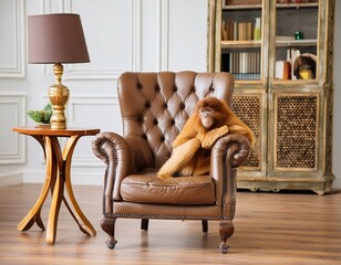 petit singe macaque sur un fauteuil chesterfield en cuir en ia - obrazy, fototapety, plakaty