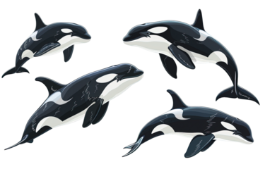 Collection of orca, killer whales isolated on white or transparent background