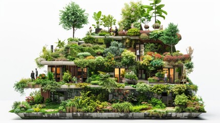 A model of a building with a green roof and a garden on top