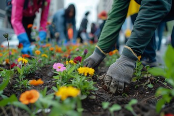 People picking up trash. Environmental problems. Cleaning up plastic trash. Planting flowers in public. Greening urban areas