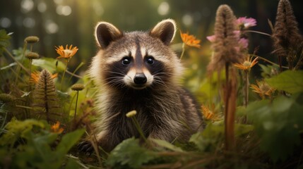 A photo highly detailed and lifelike portrait of a curious and playful raccoon in its natural habitat, AI Generative