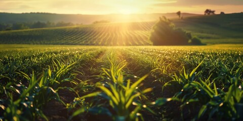 sunset over a field of healthy crops