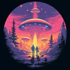 Two astronauts witnessing a giant UFO in a surreal sci-fi landscape - obrazy, fototapety, plakaty