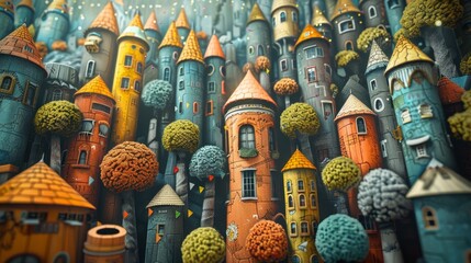 A surreal mural of a forest where trees are made of pencils and paper and animals are drafting architectural plans illustrating creativity in business planning