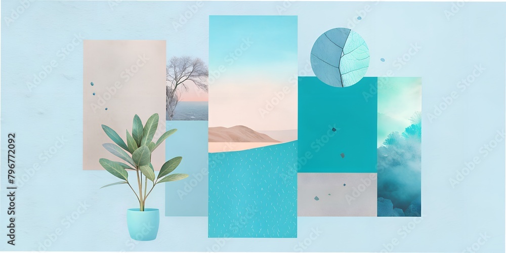 Wall mural collage texture photo fonts pastel tones botanical plants flower green business card, planner, diary, opening, letter blue bird