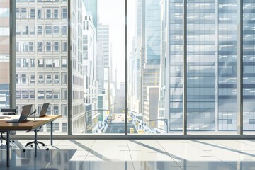 An office space with large windows overlooking a busy city street, filled with skyscrapers and bustling traffic below. Illustration