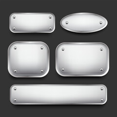 Metal steel plate with screws. Realistic vector set of metal nameplates. Stainless steel tag plate with borders.