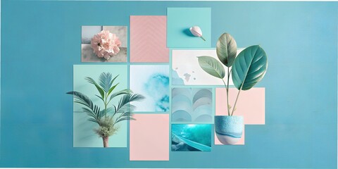collage texture photo fonts pastel tones botanical plants flower green business card, planner, diary, opening, letter blue 