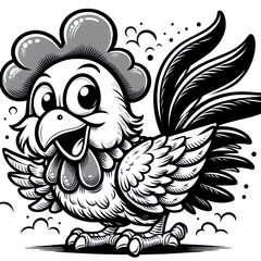 Fototapeta premium Eine schwarz weiße Vektorgrafik eines lustigen Huhnes