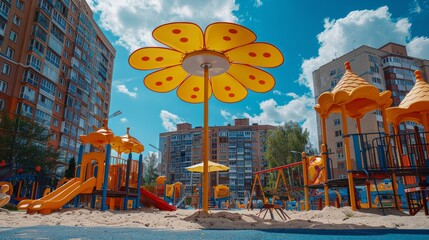  Summer Fun at Ukrainian Playground: Sand Box, Seesaw, and Flower-Shaped Sun Umbrella