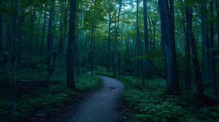 Dusk Silhouettes: A Meandering Path through a Mysterious Forest at Twilight