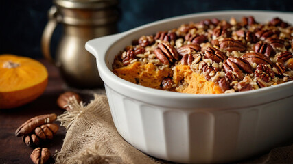 Sweet potato casserole with pecan nuts, traditional side dish for Thanksgiving or Christmas