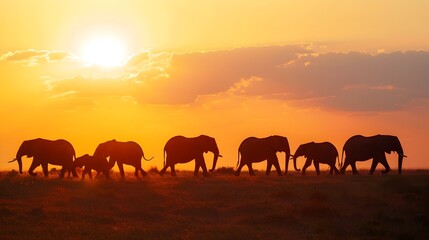 Fototapeta na wymiar Safari Sunset Silhouette: Elephant Herd Roaming the Vast Grassland Horizon