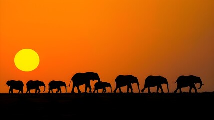 Fototapeta na wymiar Graceful Giants on the Savanna Horizon: An Elephant Herd's Sunset Safari Walk