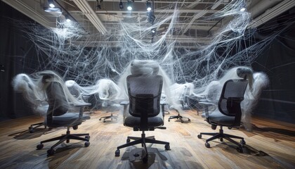 A fiber art installation showing a network of spider webs connecting office chairs symbolizing networking and connections in professional settings - obrazy, fototapety, plakaty