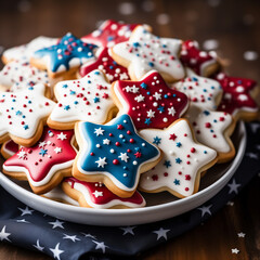 Festive star-shaped sugar cookies adorned with red, white, and blue icing, perfect for celebrating Independence Day.