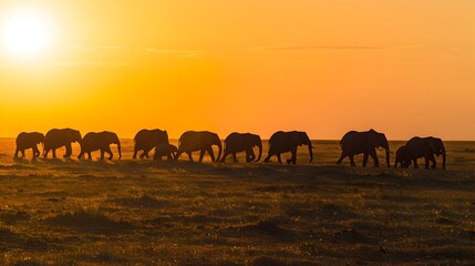 Elephant Herd Roaming the Vast Serengeti Plains at Sunset - obrazy, fototapety, plakaty