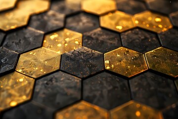 Captivating hexagonal black and gold technological background with stylish highlights. Concept Technology, Hexagonal Design, Black and Gold, Stylish Highlights, Background