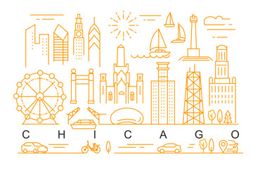 Chicago minimal style City Outline Skyline with Typographic. Vector cityscape with famous landmarks. Illustration for prints on bags, posters, cards.