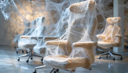 A fiber art installation showing a network of spider webs connecting office chairs symbolizing networking and connections in professional settings - obrazy, fototapety, plakaty
