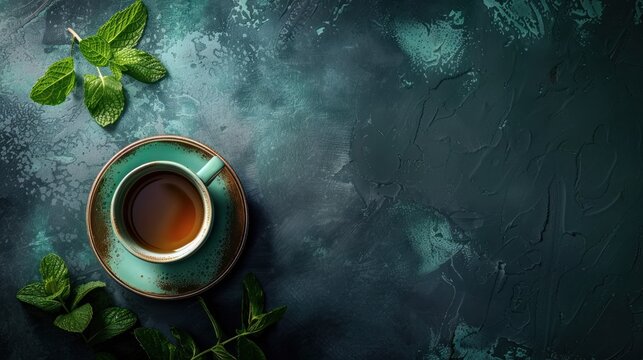 A cup of hot tea drink with fresh mint herbs leaves. Generated AI image