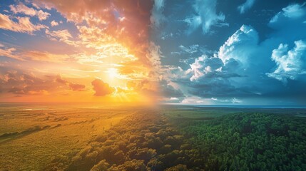 A striking nature landscape split in two: on the left,  bask in the glow of sunshine and clear skies