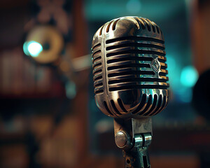 A microphone is on a table in a room. The microphone is old and has a vintage look to it. The room is dimly lit, giving it a cozy and intimate atmosphere