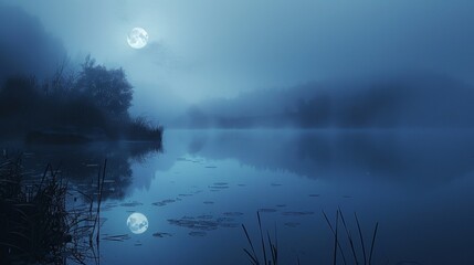 Wispy tendrils of mist gently rise above the smooth reflective surface of a still lake shrouded in the eerie blue light of a tranquil moonlit night. . - obrazy, fototapety, plakaty