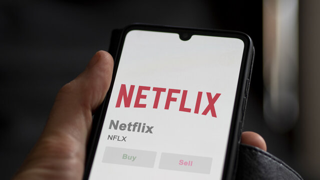 April 09th 2024 , Los Gatos, California. Close up on logo of Netflix on the screen of an exchange. Netflix price stocks, $NFLX on a device.