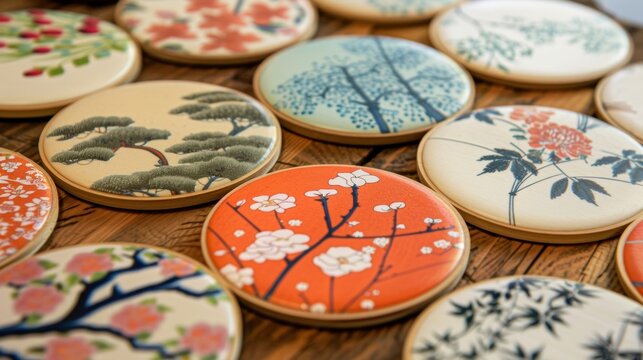 A set of coasters with different nerikomi patterns perfect for adding a touch of elegance to any table setting..