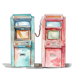 Minimalistic watercolor illustration of ATMs (Automated Teller Machines) on a white background, cute and comical, with empty copy space.
