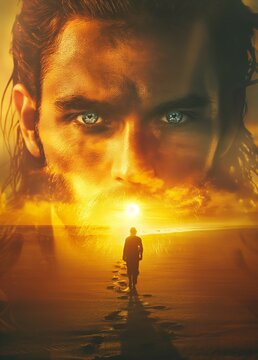 An impressive young man with blue eyes remembers walking on the beach, with warm colors, like double exposure photography, with sun rays, and a sunset sky. High resolution, like a book cover design.