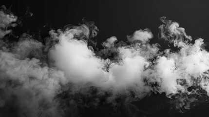 Realistic white smoke or clouds flying on black background. AI generated image