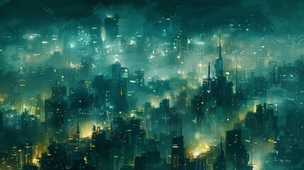Eerie mist envelops contemporary city skyline, creating an atmospheric urban silhouette