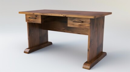 A classic minimalist wooden work desk table is plain and empty, isolated in a white walled room.