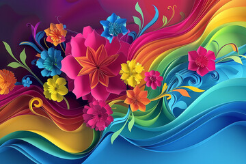 Neon paper-cut flowers burst amidst abstract rainbow hues, with dynamic 3D waves.