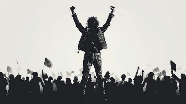 Silhouetted leader with arms raised triumphantly, inspiring a crowd of peaceful demonstrators in a unified stand for a cause.