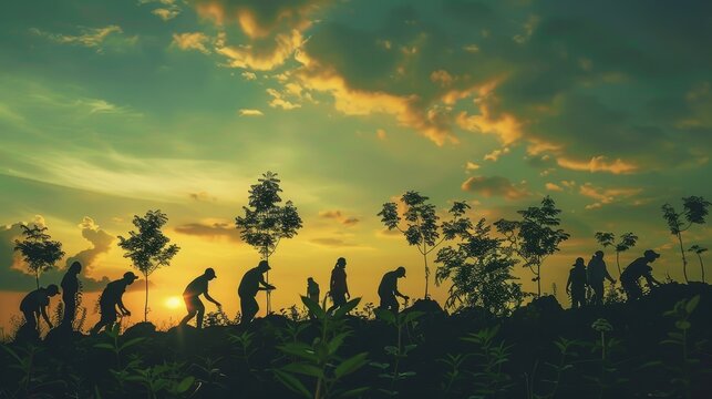 Silhouettes of farmers tilling the soil, laboring as a team against the backdrop of a stunning sunset painted with golden hues.