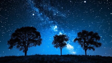 Fototapeta na wymiar starry night sky with three trees in the foreground