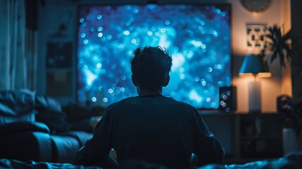 The back view of a man sitting alone in a dark room, engrossed in the glowing light of a television screen, creating an immersive atmosphere.