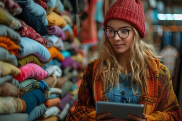 Obraz premium Fashionable woman with a beanie and glasses focused on a tablet surrounded by vibrant textile colors