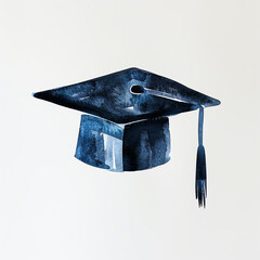 Minimalistic watercolor illustration of a graduation cap on a white background, cute and comical, with empty copy space.