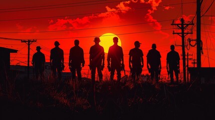 Fototapeta premium The image shows a group of people standing in a field, with a red sky in the background.