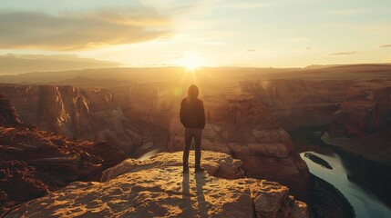 The image shows a person standing on a cliff, looking out at a vast canyon. The sun is setting, and the sky is ablaze with color.