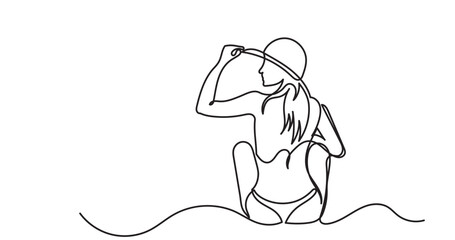 Continuous line drawing of a slender young woman sitting on the beach and hold hat. Back view girl enjoys summer vacation. One-line drawing vector illustration.