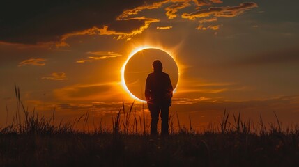 The sun is eclipsed by the moon, leaving a bright ring of light in the sky. A person stands in the foreground, silhouetted against the eclipse.